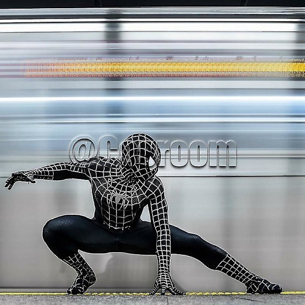 Sort/Rød Tobey Maguire Spiderman Kostume - Perfekt til Cosplay & Halloween (Voksne/Børn) sort 110 rød ed 100