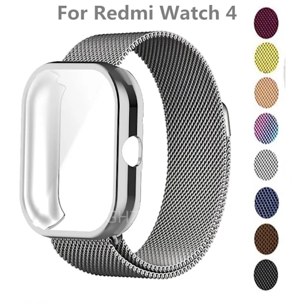 Metalliranneke Xiaomi Redmi Watch 4 -kelloon TPU-kotelolla, näytönsuojakalvolla, pehmeä Milanese-magneettilenkkiranneke Redmi Watch 4{ee} 4