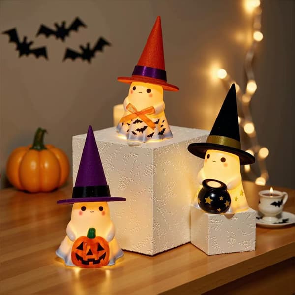 Lysende Halloween Spøgelse Harpiks Statue, Stående Havepynt med Hat til Veranda og Have, 3 Farver