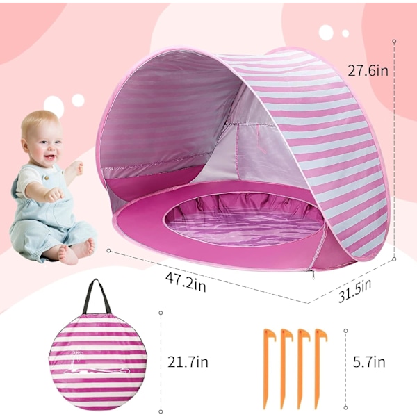 Baby Strandtelt med Basseng, Oppgradering Enkel Fold Up & Pop Up Unik Ocean World baby, for aldre 3-48 måneder baby (UV-beskyttelse - Pool Rose)