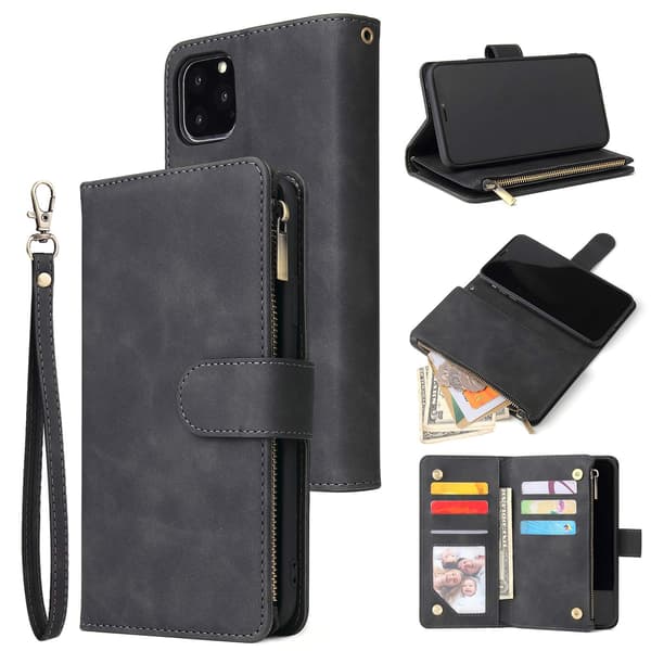 Wallet Case for iPhone 11, Zipper Wallet, Stand, Card Slots with Wrist Strap, Shockproof TPU Flip Case for iPhone 11 - Black