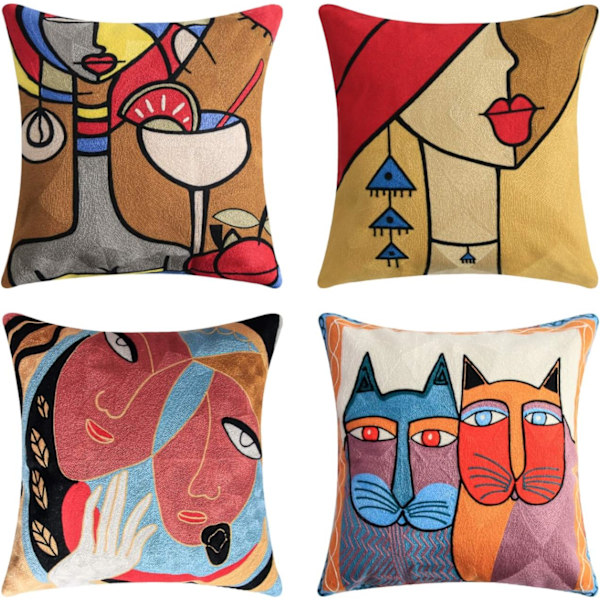 Set of 4 Picasso cushion covers 45x45cm embroidered cotton linen