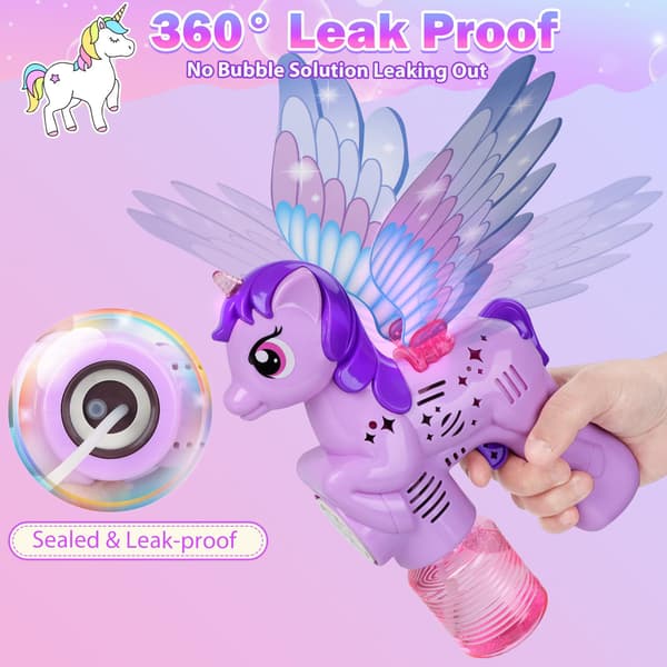Bubble Guns for Kids, Luminous Unicorn Bubble Machine Gun with Wings, Automatic Bubble Maker Bubble Blaster for Kids (Purple)