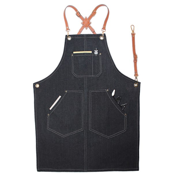 Mote denim forkle, arbeidsforkle (denim med kryss brunt belte E svart),