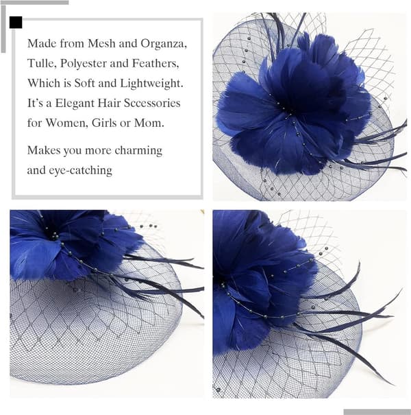 Fascinator-hatt for kvinner med blomst, netting, bånd og fjær, hårbøyle til cocktailfest