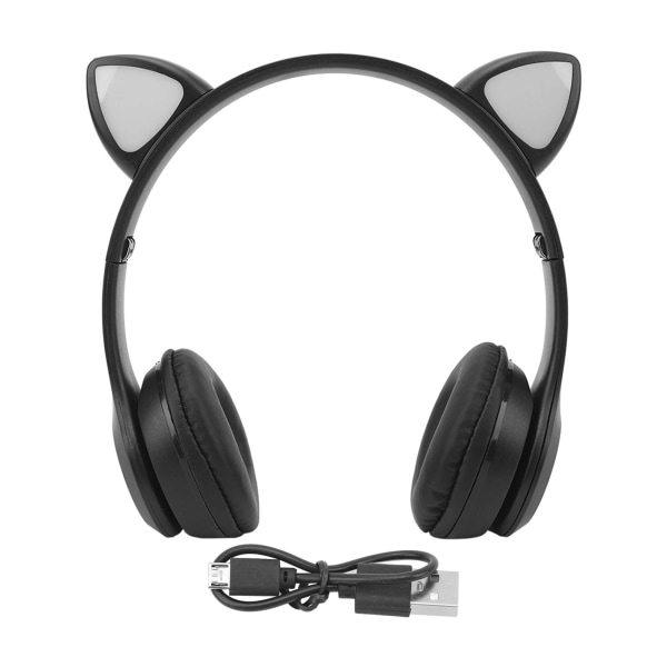 P47M Trådlösa hörlurar Söt Cartoon Cat Ear LED Light 400mAh Batteri Trådlöst Headset för Game Music Mobil Svart