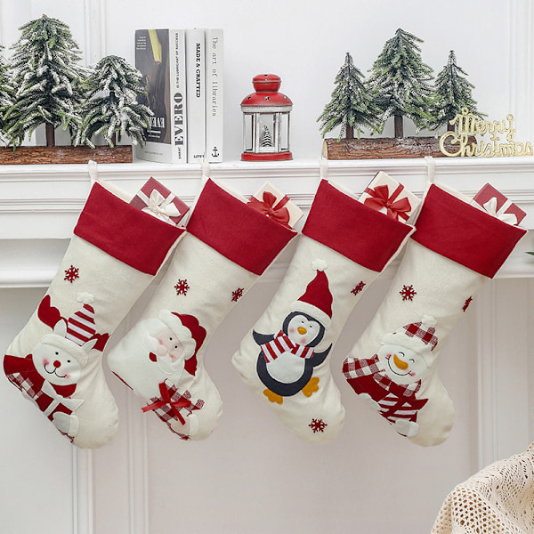 Julstrumpor Set 4 st Julstrumpa Tomte Snögubbe Strump Hållare Ornament Presentpåsar för Familj Träd Festtillbehör