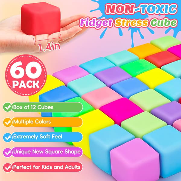 VISCOO 60-pack långsamt stigande stresskuber, mjuka kläm- och stretchleksaker i bulk för ångestlindring, priser för klassrumsfester 1.4 In Slow Rising Cube-60 PACKS