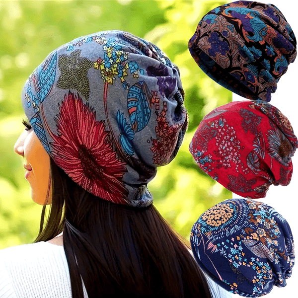 4 stk. Boheme Blomster Beanie Sæt - Blød Strækbar Kemoterapi Hovedbeklædning til Kvinder, Grå/Rød/Blå/Sort Efterår Vinter Hatte 4 Pieces