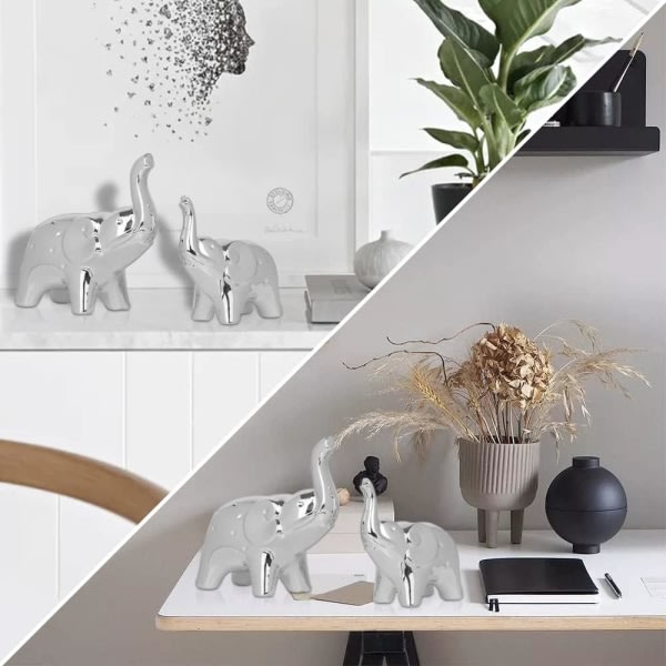 Par af elefantstatuer til boligindretning, 1 stk. (Glad baby sølv lille, glad lille elefant sølv stor)