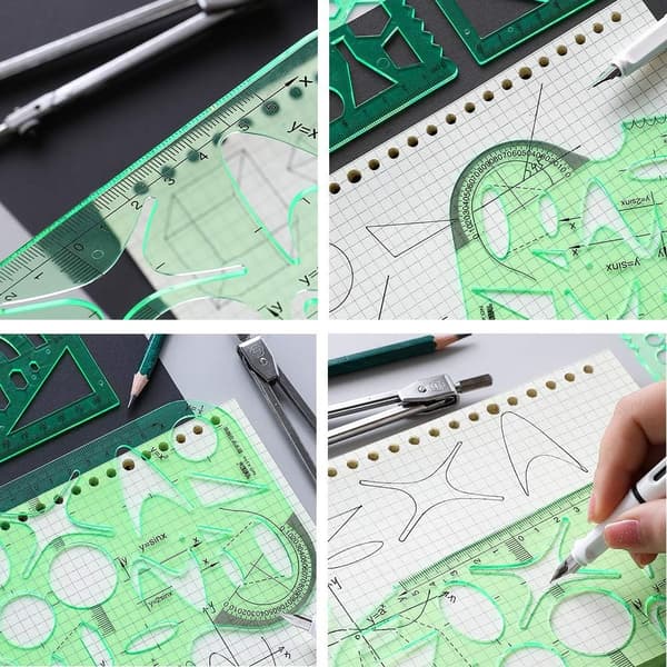 11 Pcs. Geometric Drawing Stencils Measuring Rulers Plastic Measuring Templates Plastic Geometric Stencils with Storage Bag for Office and School - Max