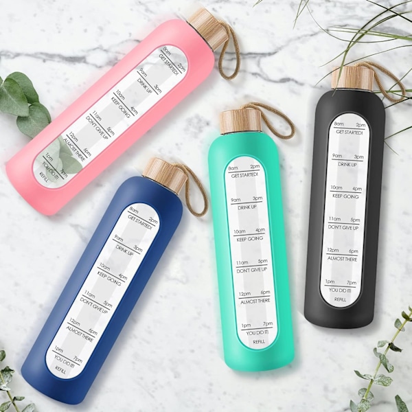 Glassvannflaske med bambuslokk - 1000ml Sportsdrikkflaske med tidsmarkør, gjenbrukbar knusesikker silikonhylseflaske for treningsstudio utendørs Pink