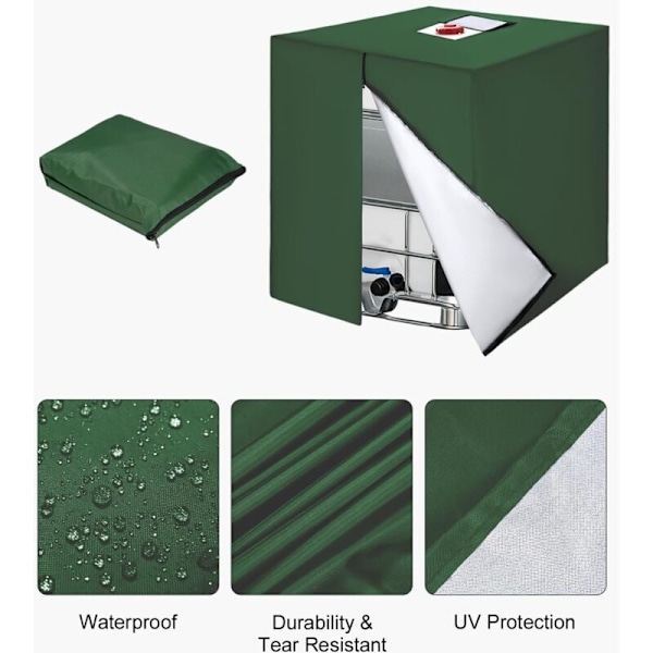 1000L IBC-säiliön suojus, 420D vesisäiliön suojus, UV-suojattu säiliön suojus, IBC-säiliön suojus vetoketjulla, 120 x 100 x 116 cm (vihreä)