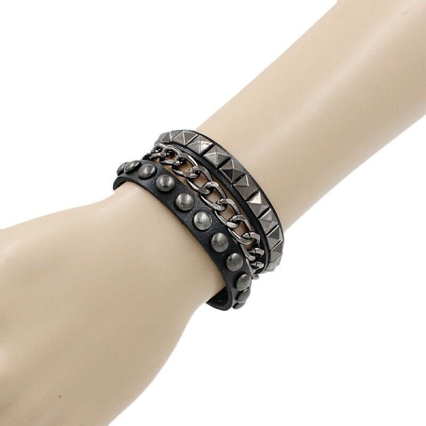 Black Leather bracelet with chain, pyramid and round studs