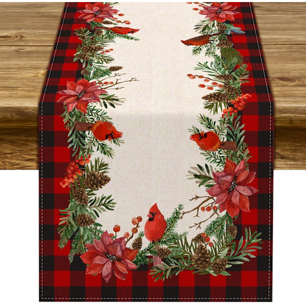 Christmas Cardinal Table Runner Buffalo Plaid Check Poinsettia Holly Xmas Winter Holiday Kitchen Dining Home Decorations (13" x 108")