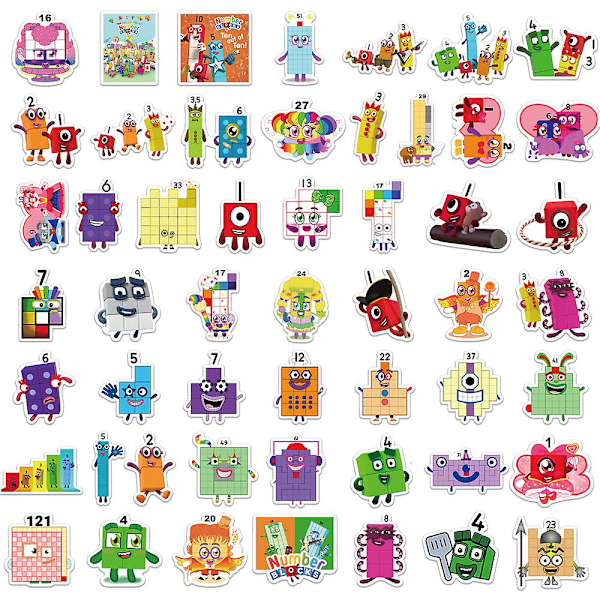 52 kpl Numberblocks -tarroja, vedenpitäviä tarroja kannettavaan tietokoneeseen, autoon, puskuriin, matkatavaroihin, puhelimeen, vesipulloon, rullalaudan koristelahjoihin{ee}