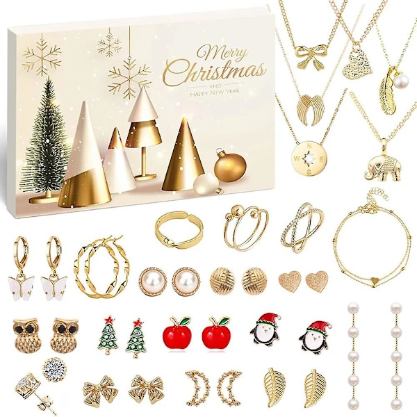 Dam Adventkalender Smyckeset 2023 Jul, Mode Armband Halsband Ringar Örhängen, 24 Dagar Nedräkning till Semester, Xma（M，set）