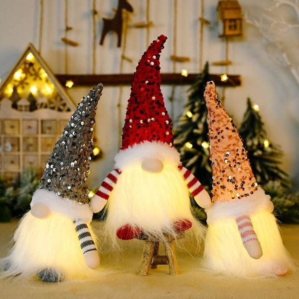 Ljusa upp tomte juldekoration, jultomtar med lampor, handgjorda svenska tomtar med glitterhatt julhantverk (3-pack)