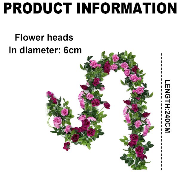 2 stk. kunstige blomstergirlander, kunstige rosegirlander, kunstige blomster, hengende silkeroser, slyngplanter, bryllup, hjem, kontor, bue