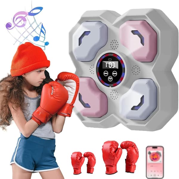 Kraftig boxningssäck med Bluetooth-musik, väggfäste, sandsäck, inkluderar 2 par boxningshandskar, rosa och vit
