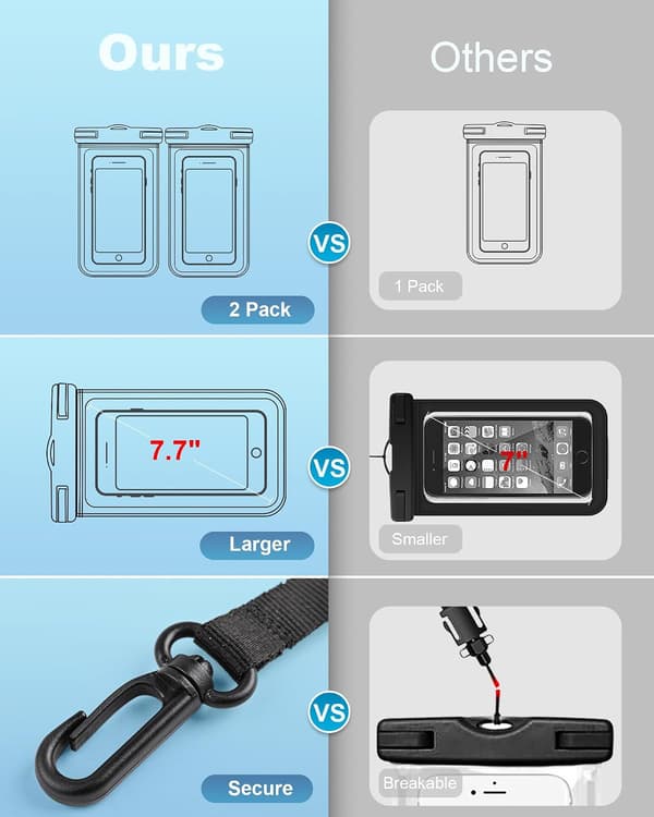 Vandtæt telefonpose tørpose sæt til alle telefoner - Undervands telefonetui med Earkings - Sort & Blå (2 pak)