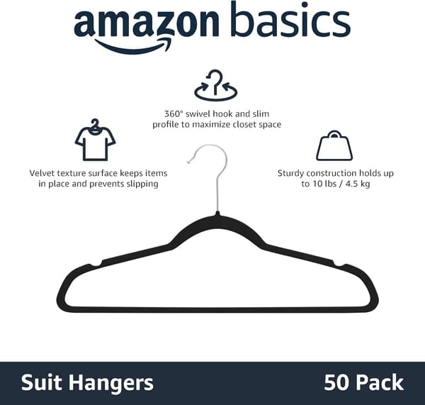 Amazon Basics Ohuet samettiset liukumattomat pukupuuhenkarit - 50 kpl, musta Black and silver