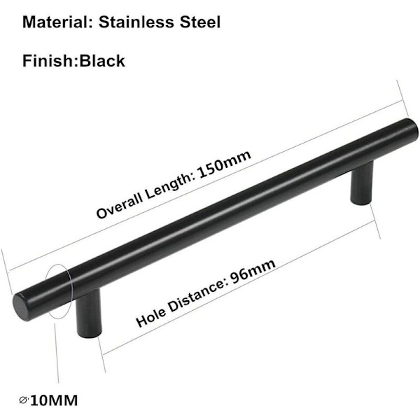10 pcs Black Cabinet Pull T-shaped Hollow Pull Rod Handle, Kitchen Cabinet Hole Distance: 96mm 10*150*96