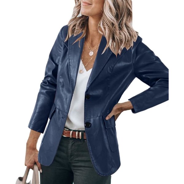 edvi Women's Fashion Faux PU Leather Moto Biker Jacket Slim Coat Casual Blazer Blazer Suit Long Sleeve Button Outerwear Navy Blue XX-Large