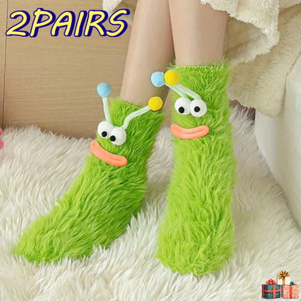 Humor Vinter Sokker Sæt med 2 - Grimt Design med Store Øjne & Mund, Bløde Mid-læg Sokker til Kvinder Efterår/Vinter 1Pairs ONE SIZE