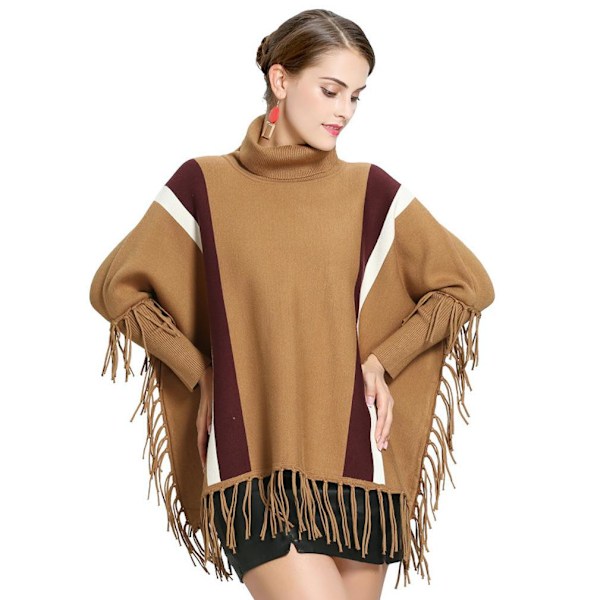 Løs turtleneck pullover omslagssjal flaggermusermebluse med dusk strikket cape for dame