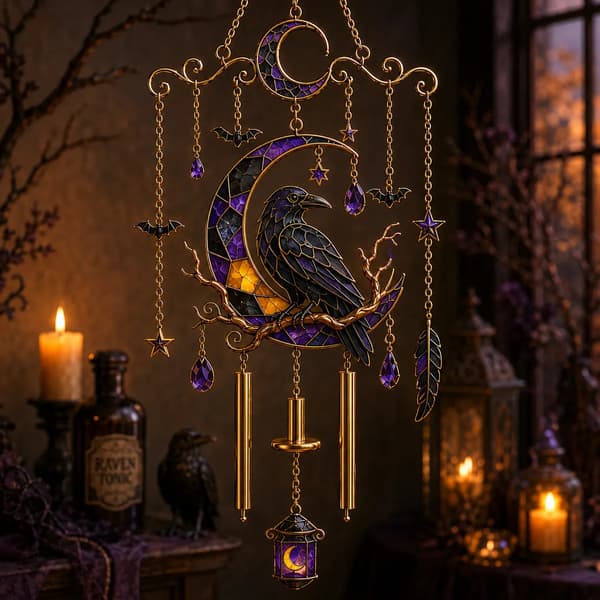 Halloween Glasmalerei Vindklokke, Akryl Solfanger med Spøgelse Kat Måne og Hekse Designs, 20/30 cm D 30cm