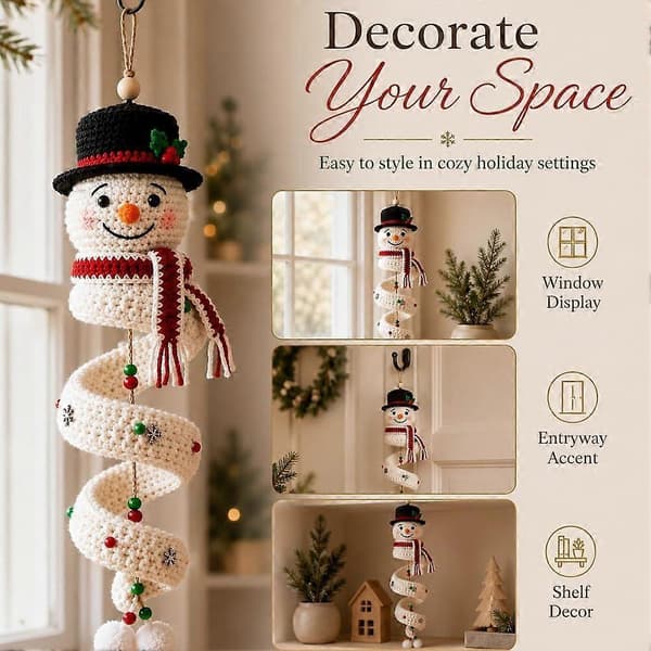 Crochet Snowman Spiral Hanging Ornament DIY Kit, Beginner Friendly Christmas Knitting Set with Tutorial, Handmade Holiday Wall Window Porch Decor B