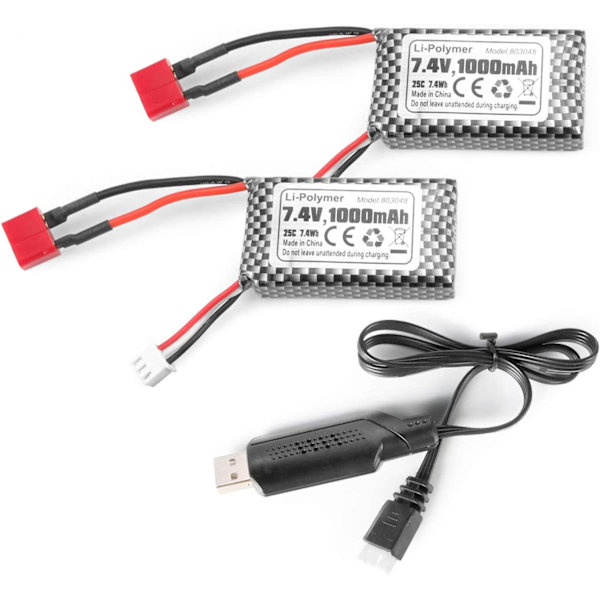 Set med 2 Lipo-batterier 7.4V 1000mAh T-kontakt | Kompatibel RC 18859 18858 Q902 35-DJ03 | Inkluderar USB-laddare, silver
