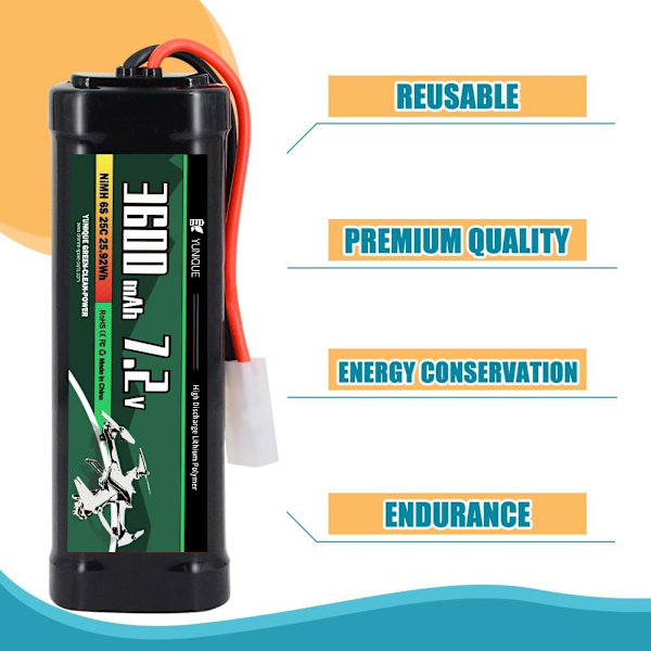 Latautuva NiMH-akku 7.2V 3600mAh Tamiya-liittimellä ja silikonikaapelilla - 6 solua - Mitat 135x47x24 mm - Virta RC-malleille