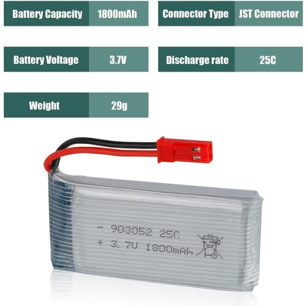 Setti, jossa 2 Li-Po 3.7V 1800mAh 25C akkua | JST-liittimellä JJRC H11D, H11C, HQ898B RC-helikoptereille | Suuri kapasiteetti, optimaalinen suorituskyky