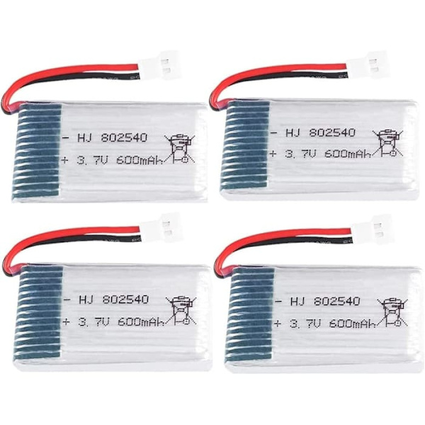 Set med 4 Lipo-batterier 3.7V 600mAh för drönare | Kompatibel med Syma X5, X5C, Cheerson CX-30W, Wltoys F949 | Uppladdningsbar, Hög Kapacitet, Silver