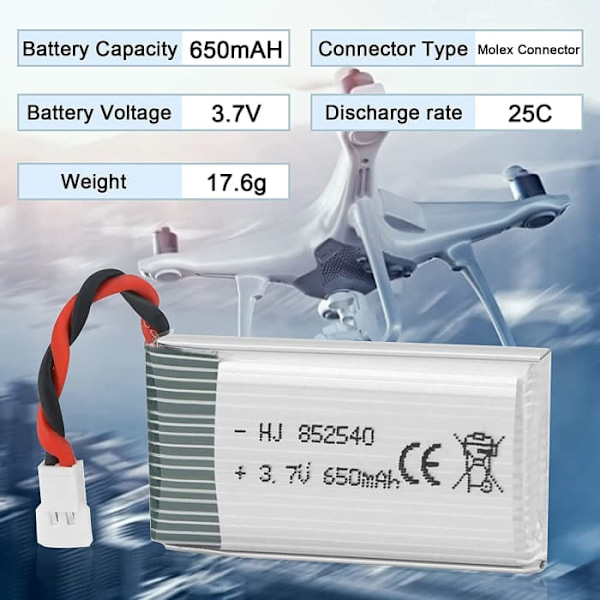 Batteri 650mAh 3.7V 25C Lipo | Kompatibel med Syma X5 X5C X5SC X5SW, Cheerson CX-30W, Skytech M68 | Set med 4 för optimal prestanda | Silver