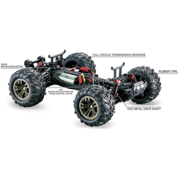 1/16 Q901 RC Car 4WD Off-Road - Bigfoot Truck med Borstlös Motor | Höghastighets fjärrstyrt fordon för barn och vuxna | öken lastbil off-road röd