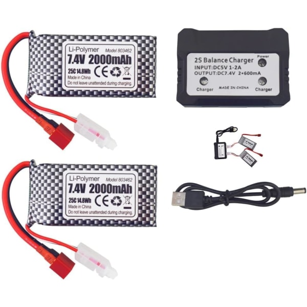 2 LiPo-akkua 7.4V 2000mAh, T-liitin, 2-in-1-laturi | Sopii RC 9200, 9200E, 200E, 9202E, HM101, 9125, S920, S921, HB101