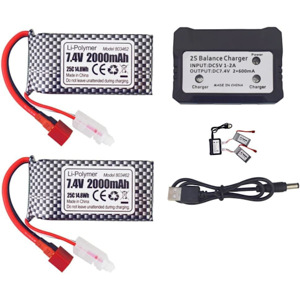 Sæt med 2 LiPo-batterier 7.4V 2000mAh, T-stik, 2-i-1-oplader | Passer til RC 9200, 9200E, 200E, 9202E, HM101, 9125, S920, S921, HB101