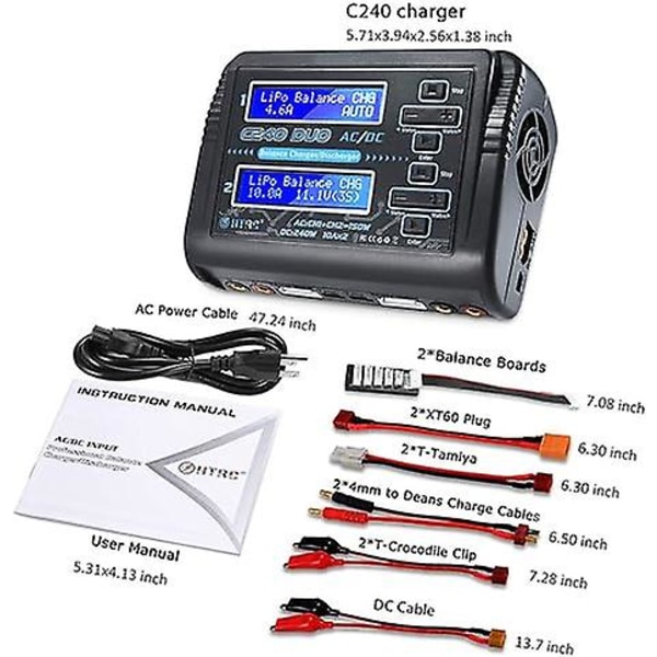 HTRC C240 Kaksoislaturi RC LiPo/Li-ion/LiFe/LiHV/NiCd/NiMH/PB-akuille – Tasapainotettu Laturi/Purkaja, AC150W/DC240W, 10A, 1-6S LiPo