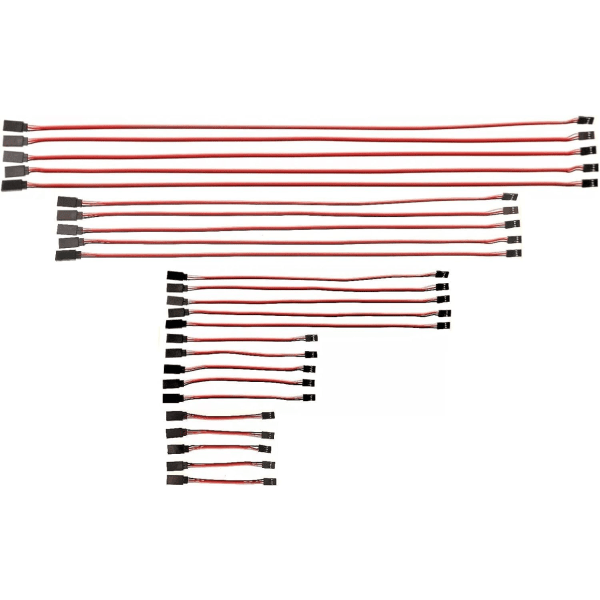 Servo Forlængelseskabelsæt 25 dele | Forskellige længder 10 cm-60 cm | JR-stik | 60 kvalitetskerner | Til modelfly, droner, sort, PVC