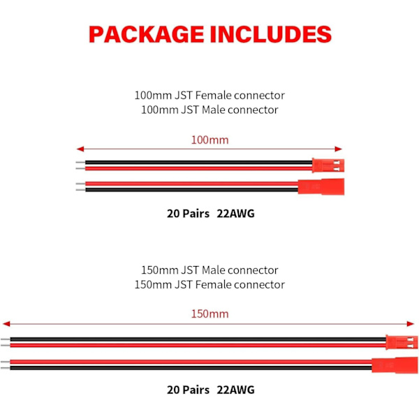 40 JST 22 AWG-liitintä, 2-napainen uros ja naaras, 10 cm pituus 15 cm - täydellinen LED-valoihin, lamppuihin, RC-akuihin ja leluihin
