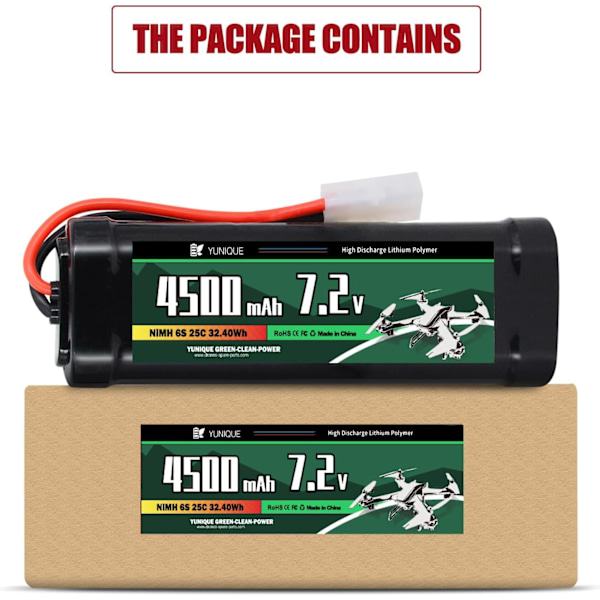 Latautuva NiMH-akku 7.2V 4500mAh Tamiya-liittimellä ja silikonikaapelilla - 6 solua - Mitat 135x47x24 mm - Virta RC-malleille