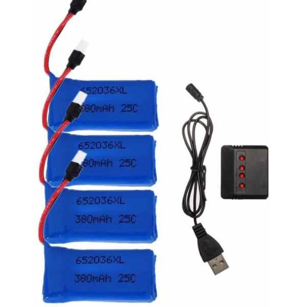 4 stk. 25C 3,7V 380mAh dronebatterier med 1 stk. oplader til HUBSAN X4 H107 H107L H107C H107D V252 JXD 385 RC