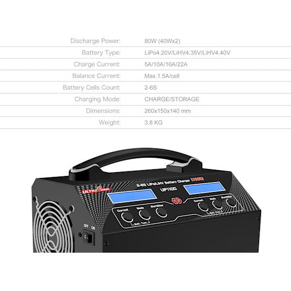 UP1100 batteriladdare för UAV/drönare: Dubbla 2x550W 22A för 2-6S-batterier - Kraftfull och snabb laddning