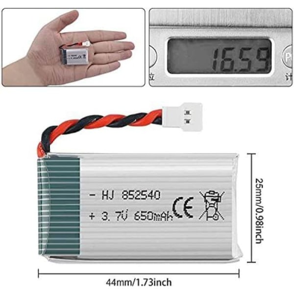 Avancerat Lipo-batteri 650mAh 3.7V 25C för Syma X5C X5 Drone | Kompatibel med Cheerson CX-30W, Wltoys F949 | Mått 44x25x10mm, silver