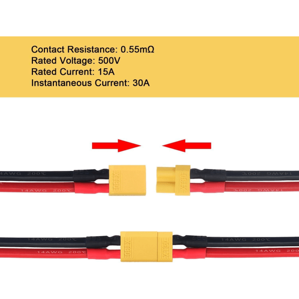 Set med 5 par XT30 hane och hona kontakter | Silikonkabel 14AWG, 100mm | för LiPo FPV-drönarbatterier, gul, PVC