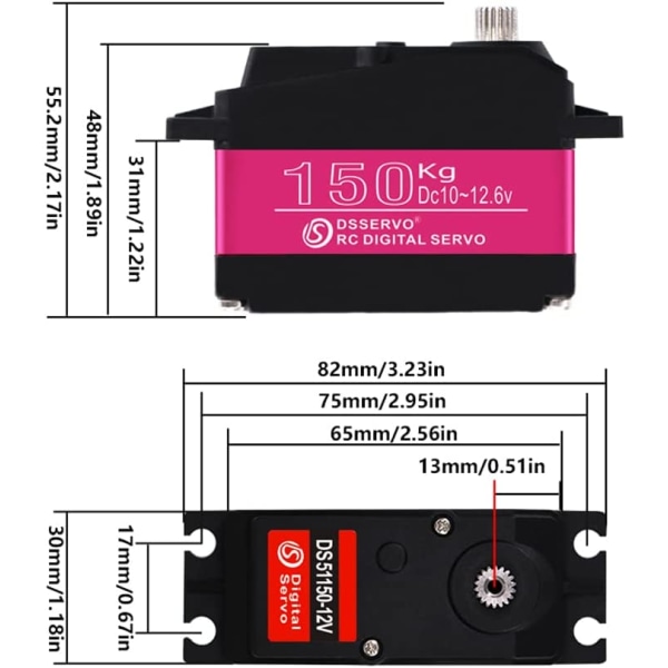 Servomotor DS51150 12V 150KG | för robotik och modellering | Högt vridmoment 173kg-cm | Idealisk för robotlastbilar, Baja 1:10 bilar, metall