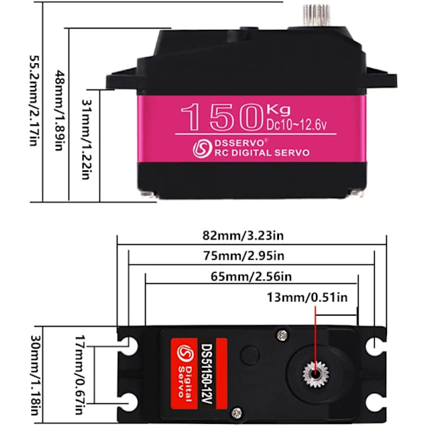 Servomotor DS51150 12V 150KG | til robotteknologi og modellering | Højt drejningsmoment 173kg-cm | Ideel til robotlastbiler, Baja 1:10 biler, metal